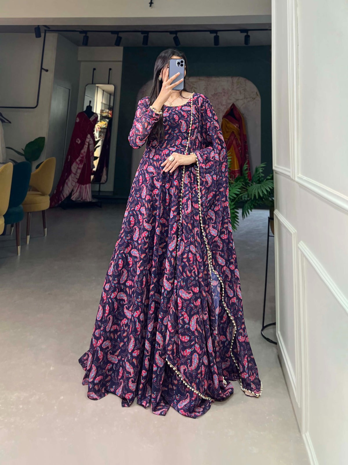 Navy Blue Ready-to-Wear Georgette Gown with Matching Dupatta ClothsVilla