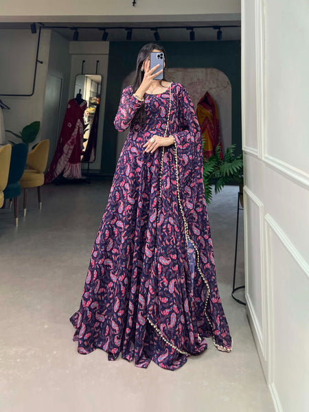 Rama Blue full Flair Gown with Dupatta | Ready to Wear – Nardev Fashion