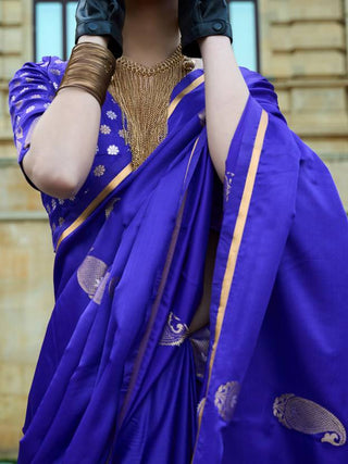 Navy Blue Regal Banarasi Satin Silk Saree – Timeless Elegance ClothsVilla