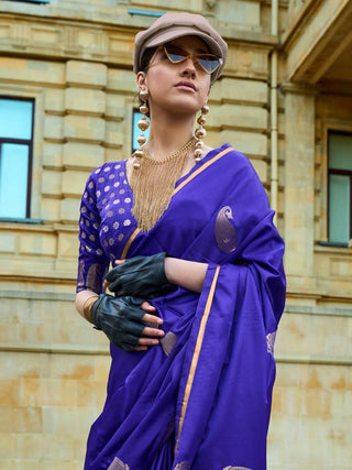 Navy Blue Regal Banarasi Satin Silk Saree – Timeless Elegance ClothsVilla
