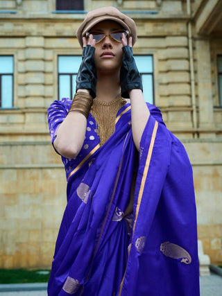 Navy Blue Regal Banarasi Satin Silk Saree – Timeless Elegance ClothsVilla