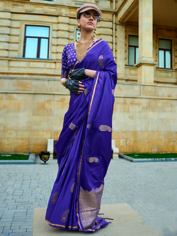 Navy Blue Regal Banarasi Satin Silk Saree – Timeless Elegance ClothsVilla