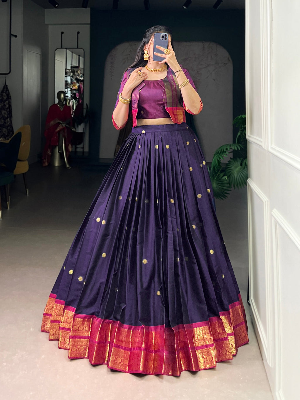 Navy Blue Regal Poly Cotton Zari Weaving Work Lehenga Set – Stitched 5-Meter Flair Lehenga with Matching Blouse & Koti ClothsVilla