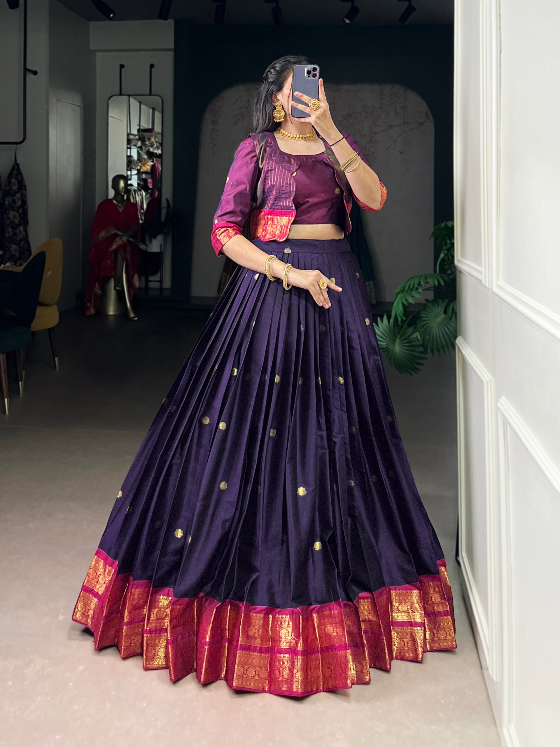 Navy Blue Regal Poly Cotton Zari Weaving Work Lehenga Set – Stitched 5-Meter Flair Lehenga with Matching Blouse & Koti ClothsVilla