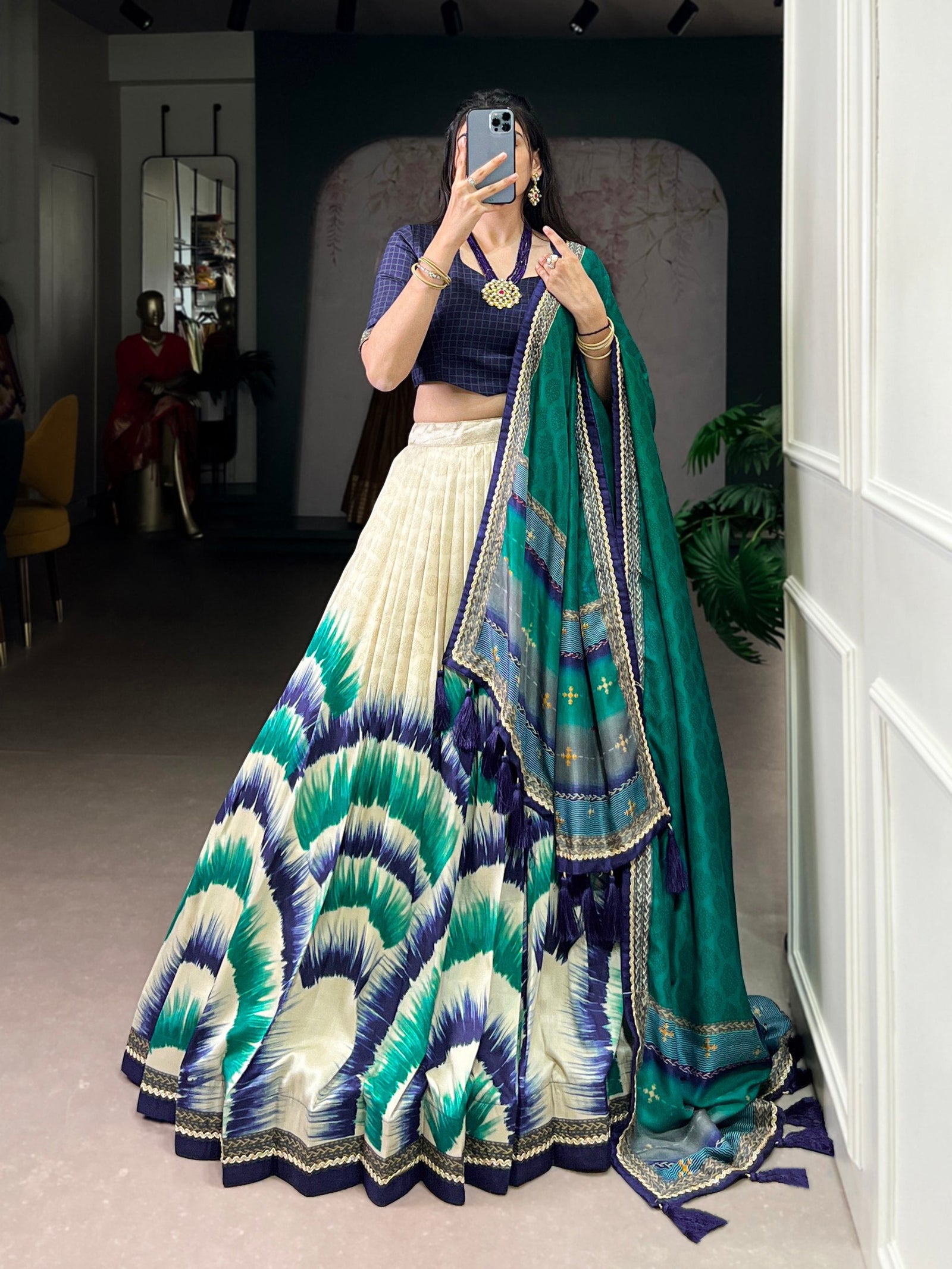Navy Blue Royal Tie‑Dye Dream Lehenga Set – Handcrafted Tasar Silk with Lace & Tassel Dupatta Clothsvilla