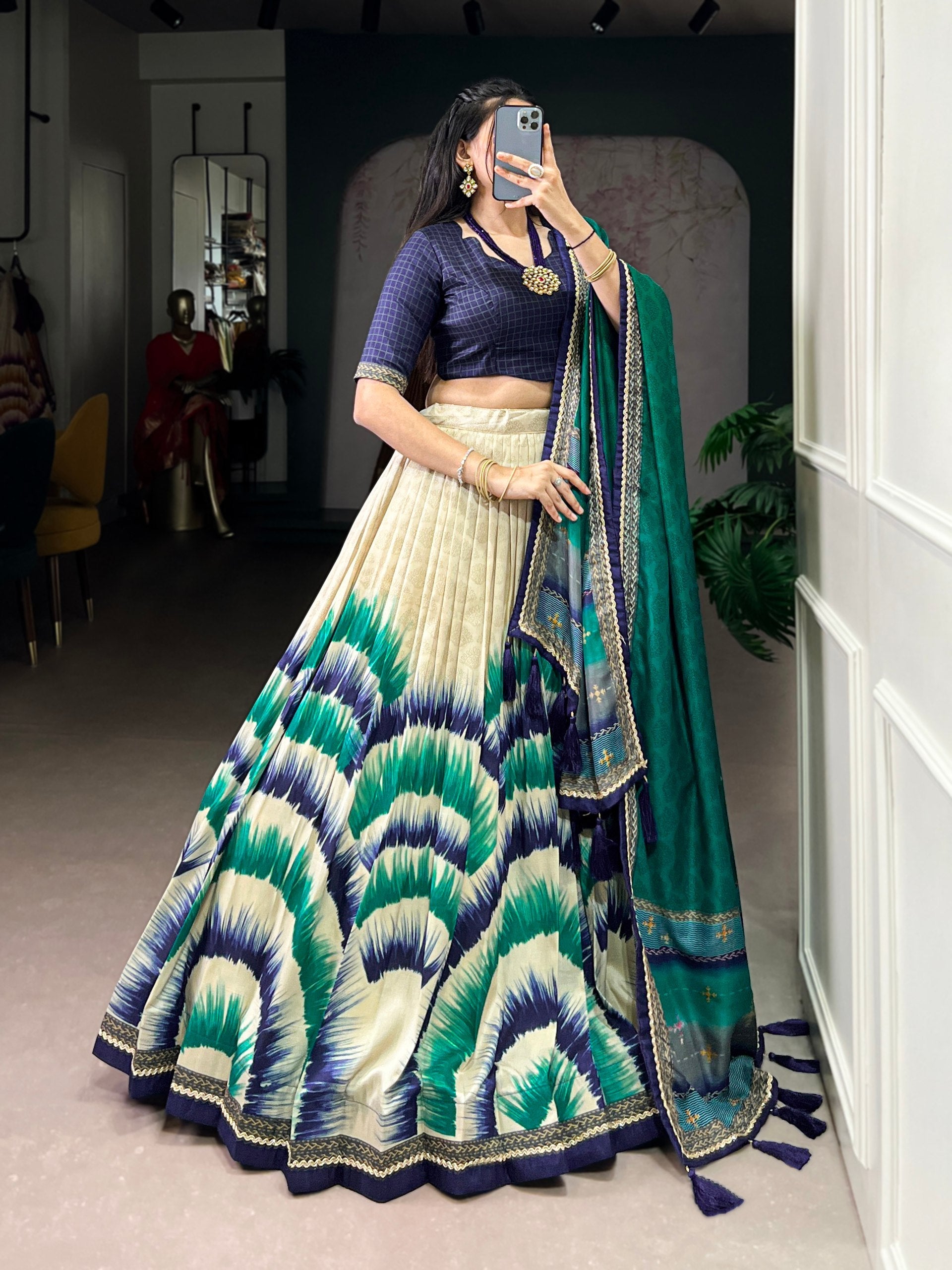 Navy Blue Royal Tie‑Dye Dream Lehenga Set – Handcrafted Tasar Silk with Lace & Tassel Dupatta Secondary image
