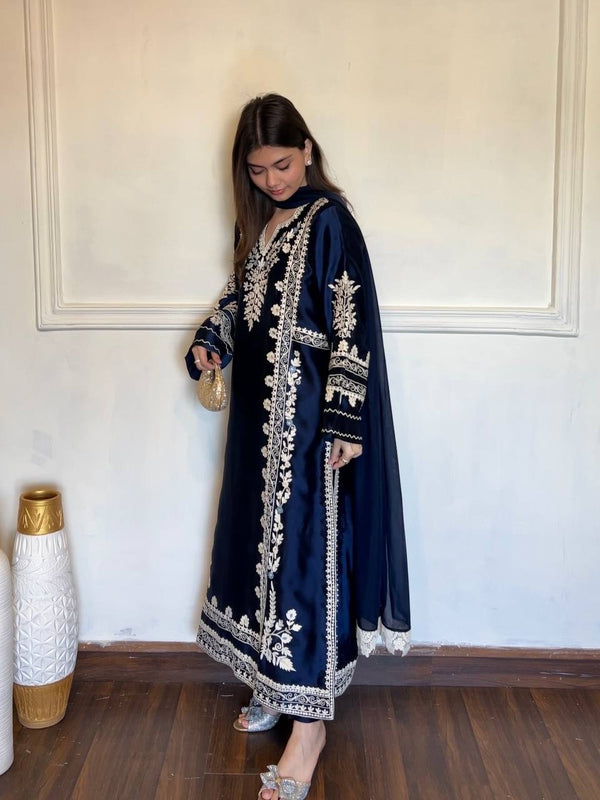 Navy Blue Satin Rayon Kaftan Set with ClothsVilla
