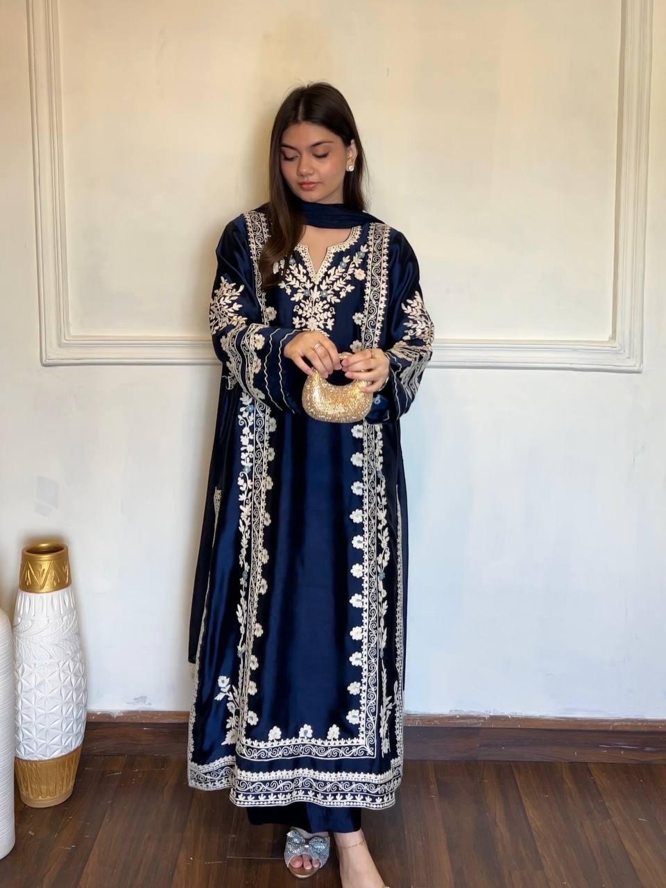 Navy Blue Satin Rayon Kaftan Set with ClothsVilla