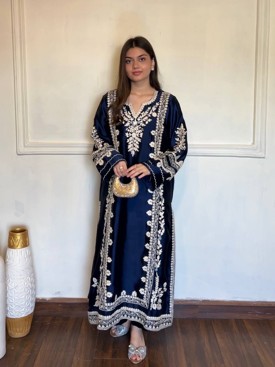 Navy Blue Satin Rayon Kaftan Set with ClothsVilla