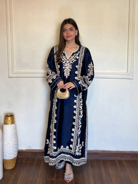 Navy Blue Satin Rayon Kaftan Set with ClothsVilla Main image