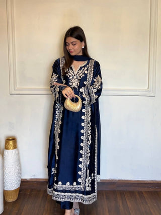 Navy Blue Satin Rayon Kaftan Set with ClothsVilla