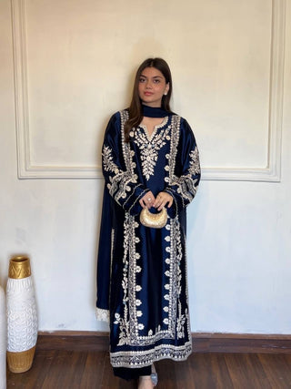 Navy Blue Satin Rayon Kaftan Set with ClothsVilla