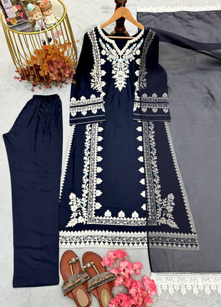 Navy Blue Satin Rayon Kaftan Set with ClothsVilla