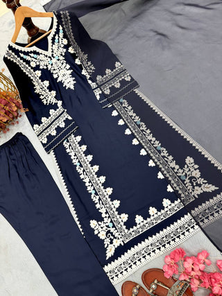 Navy Blue Satin Rayon Kaftan Set with ClothsVilla