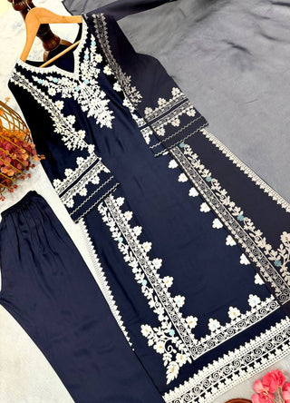 Navy Blue Satin Rayon Kaftan Set with ClothsVilla