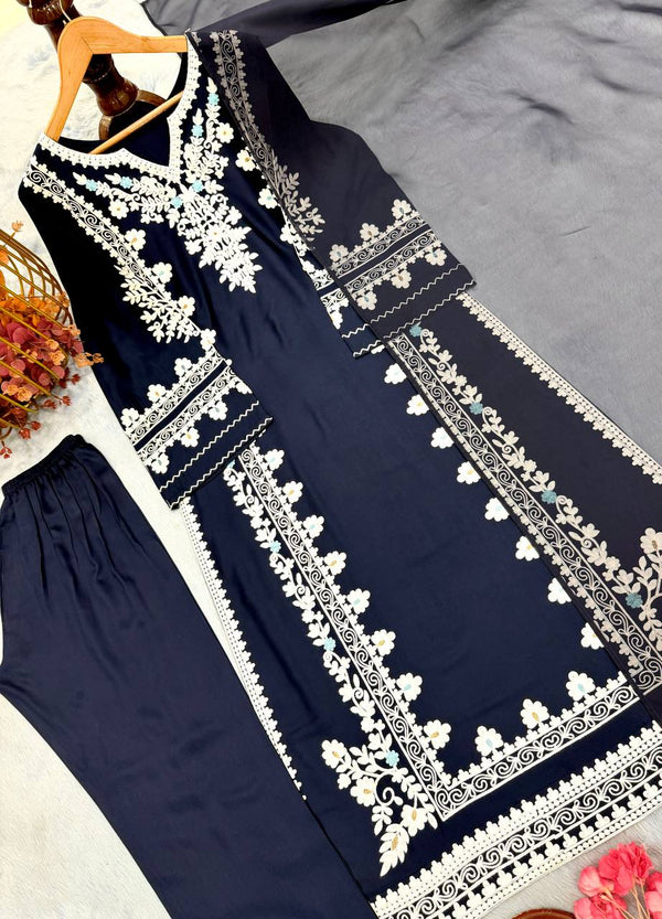 Navy Blue Satin Rayon Kaftan Set with ClothsVilla