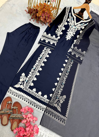 Navy Blue Satin Rayon Kaftan Set with ClothsVilla