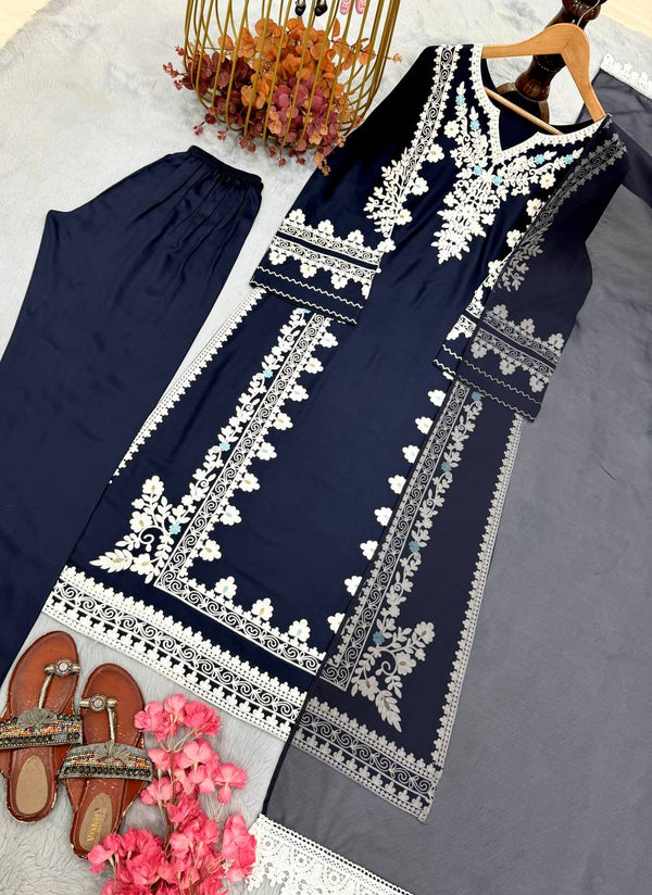 Navy Blue Satin Rayon Kaftan Set with ClothsVilla