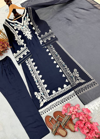 Navy Blue Satin Rayon Kaftan Set with ClothsVilla