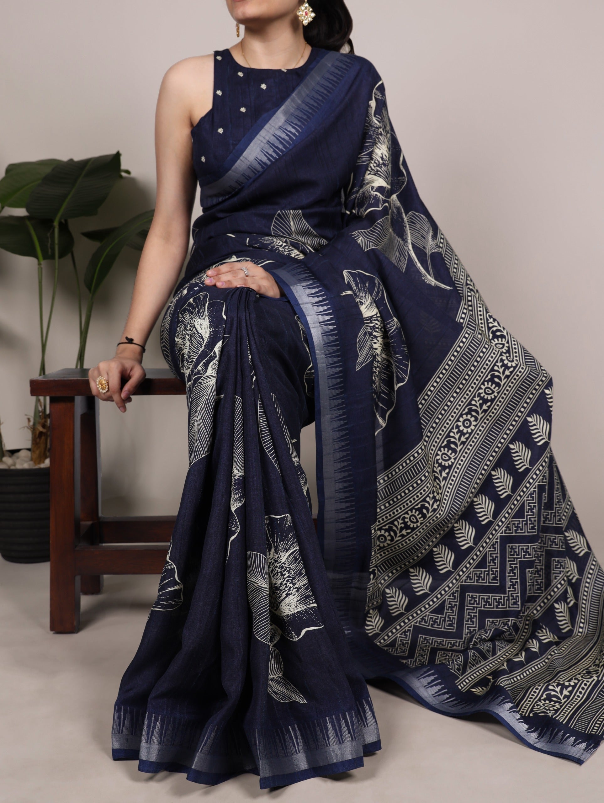 Navy Blue Silk Floral Printed Saree ClothsVilla Main image