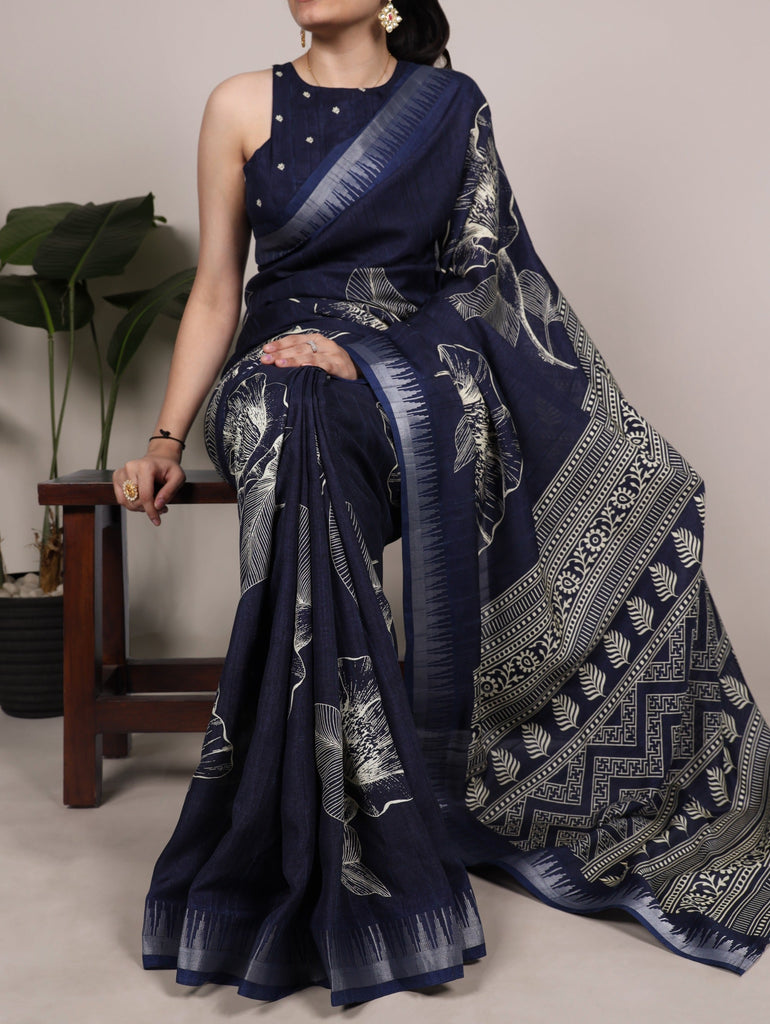 Navy Blue Silk Floral Printed Saree ClothsVilla