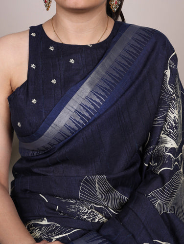 Navy Blue Silk Floral Printed Saree ClothsVilla