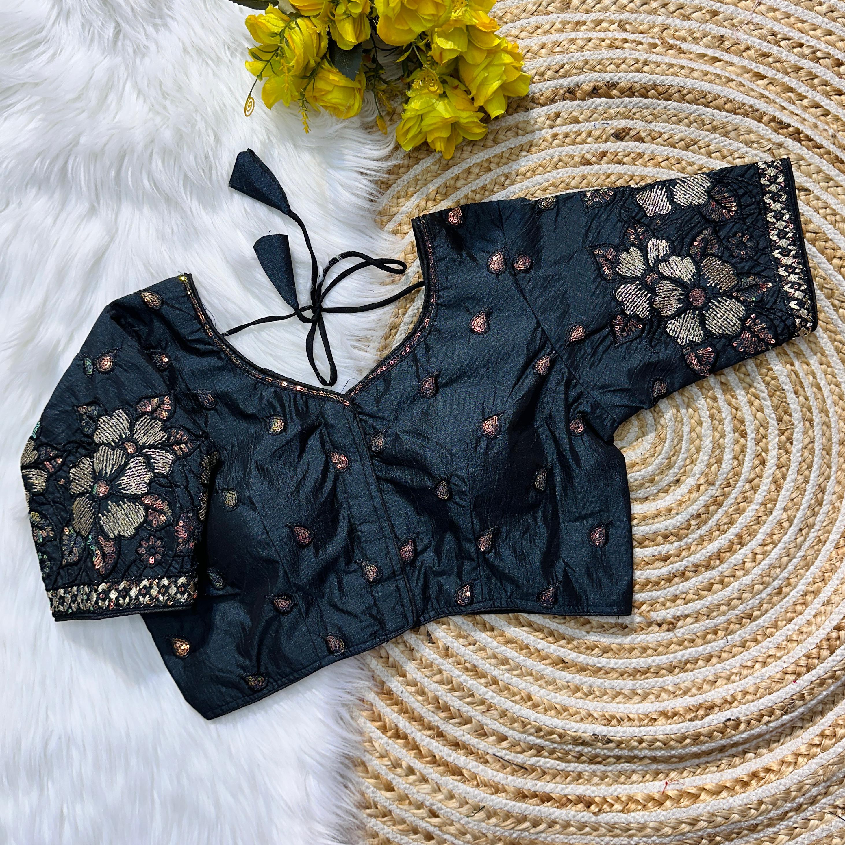 Navy Blue Soft Silk Blouse with Beautiful Embroidery and Sequence Accents ClothsVilla Main image