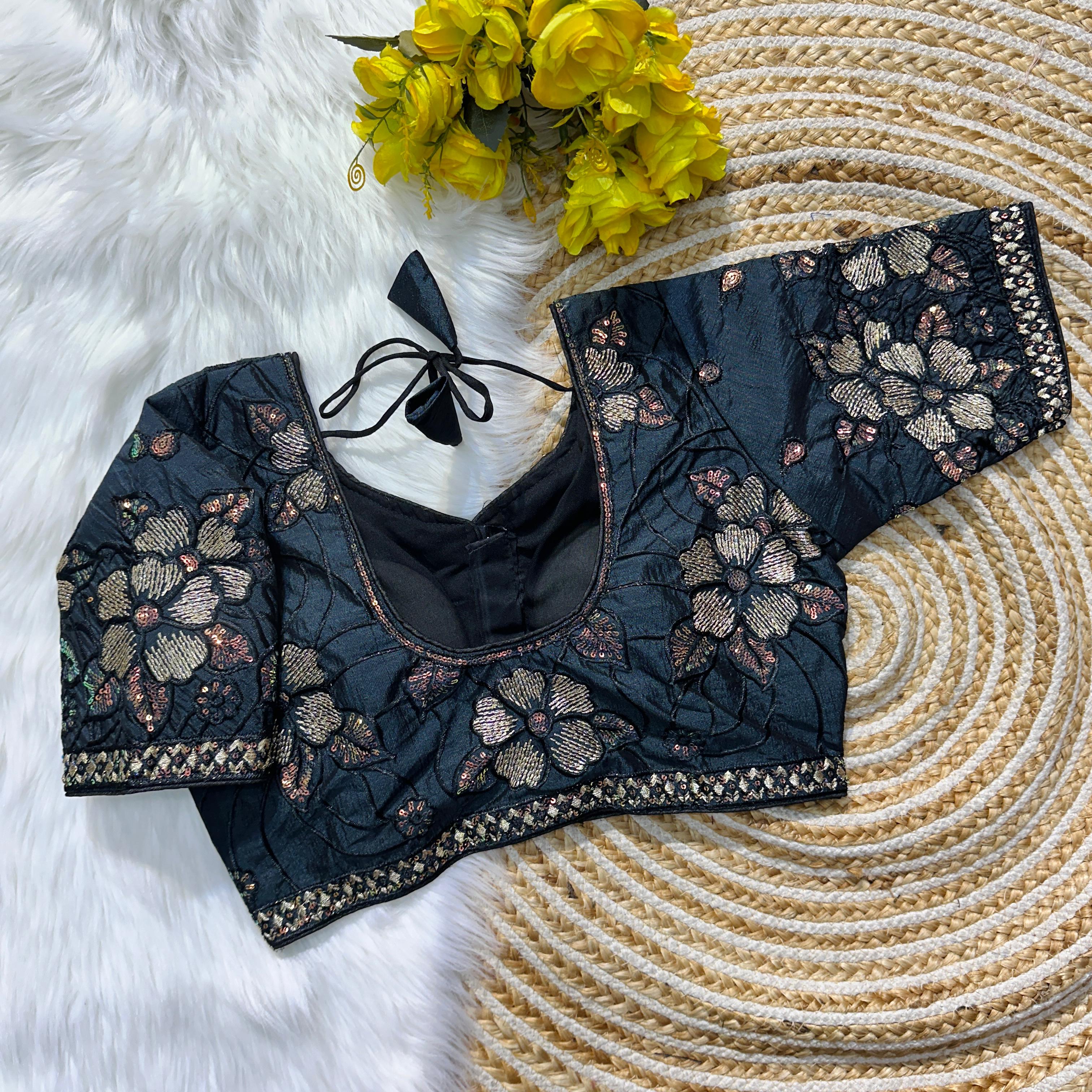 Navy Blue Soft Silk Blouse with Beautiful Embroidery and Sequence Accents Secondary image