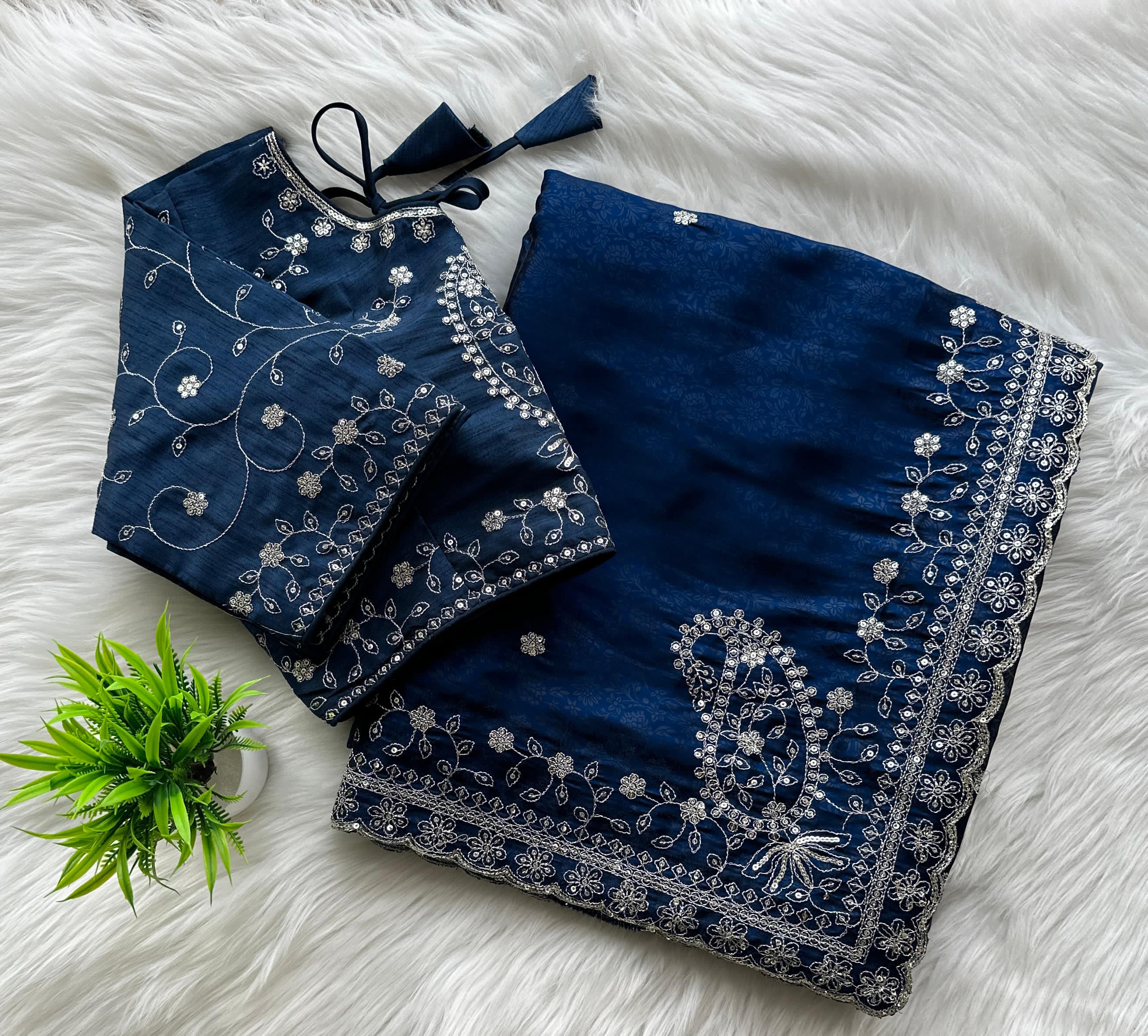Navy Blue Soft Silk Saree with Elegant Rubber Weaving & Heavy Embroidery Work ClothsVilla