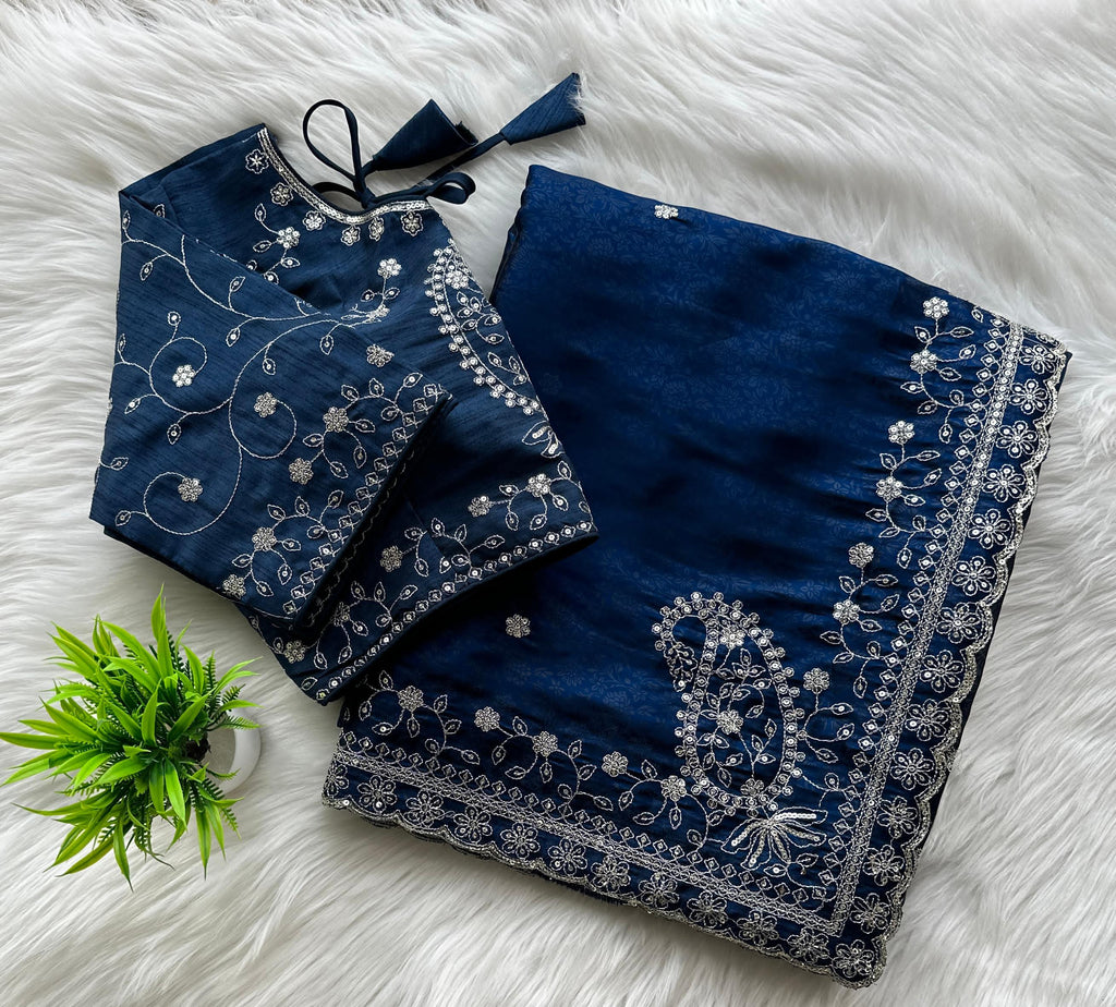 Navy Blue Soft Silk Saree with Elegant Rubber Weaving & Heavy Embroidery Work ClothsVilla