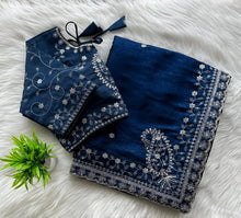 Load image into Gallery viewer, Navy Blue Soft Silk Saree with Elegant Rubber Weaving &amp; Heavy Embroidery Work ClothsVilla