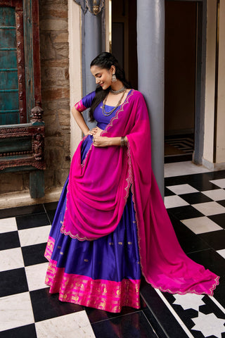 Navy Blue South Style Cotton Lehenga Set ClothsVilla