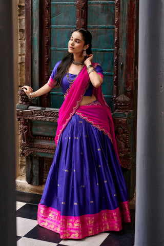 Navy Blue South Style Cotton Lehenga Set ClothsVilla