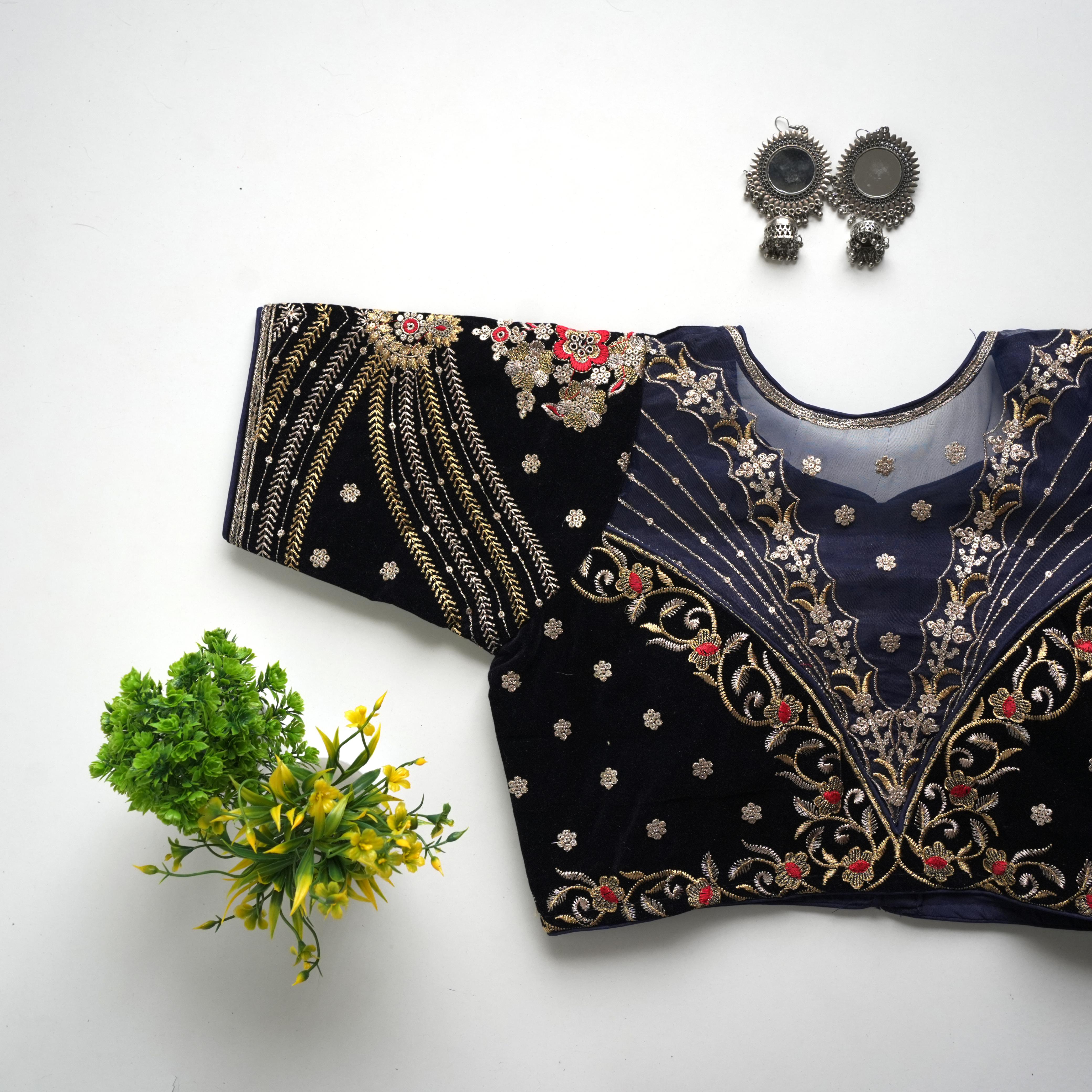 Navy Blue Taffeta Silk Blouse with Golden Embroidery and Sequin Touch ClothsVilla Main image