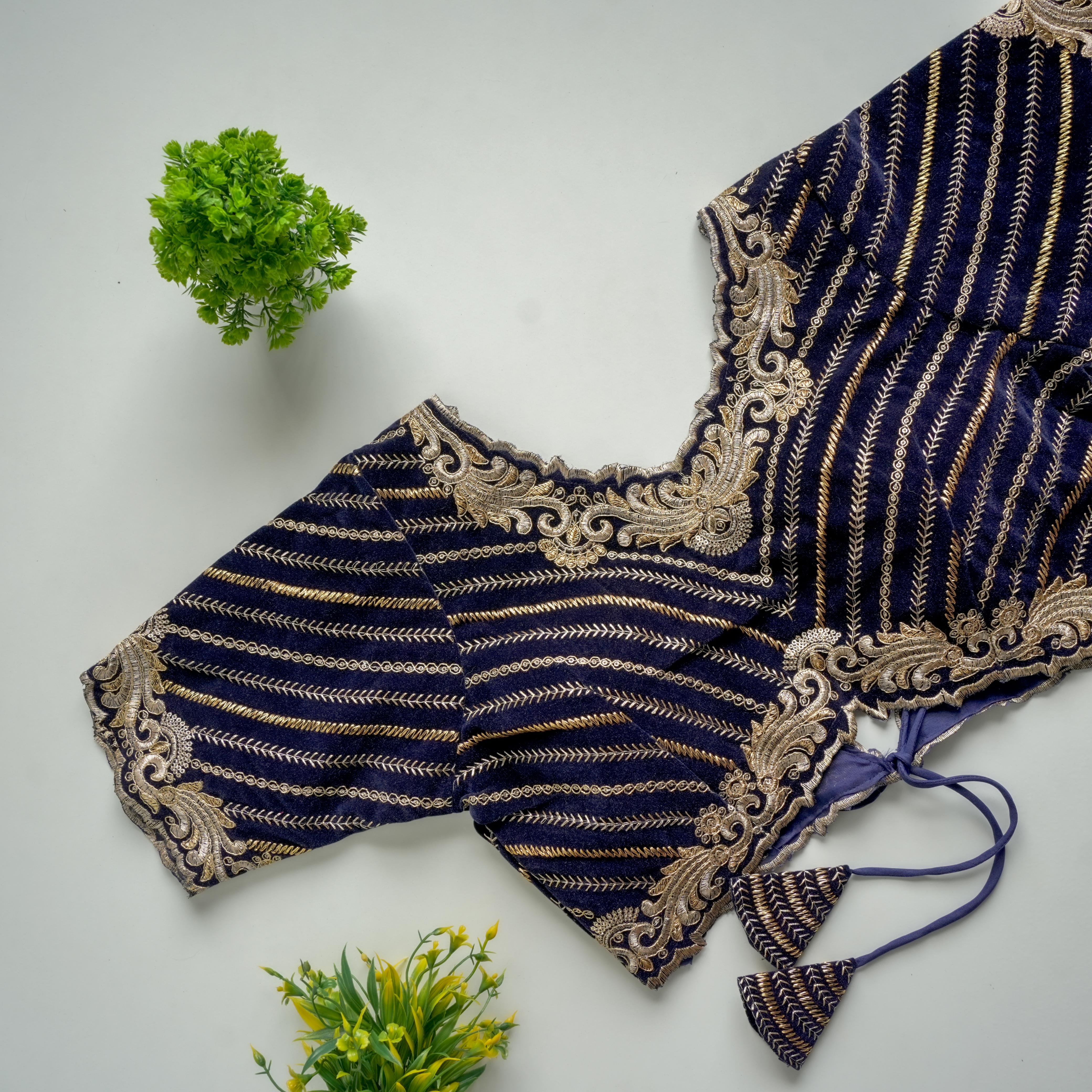 Navy Blue Taffeta Silk Blouse with Golden Embroidery and Sequins ClothsVilla.com Main image