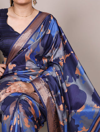 Navy Blue Tasar Silk Printed Saree ClothsVilla