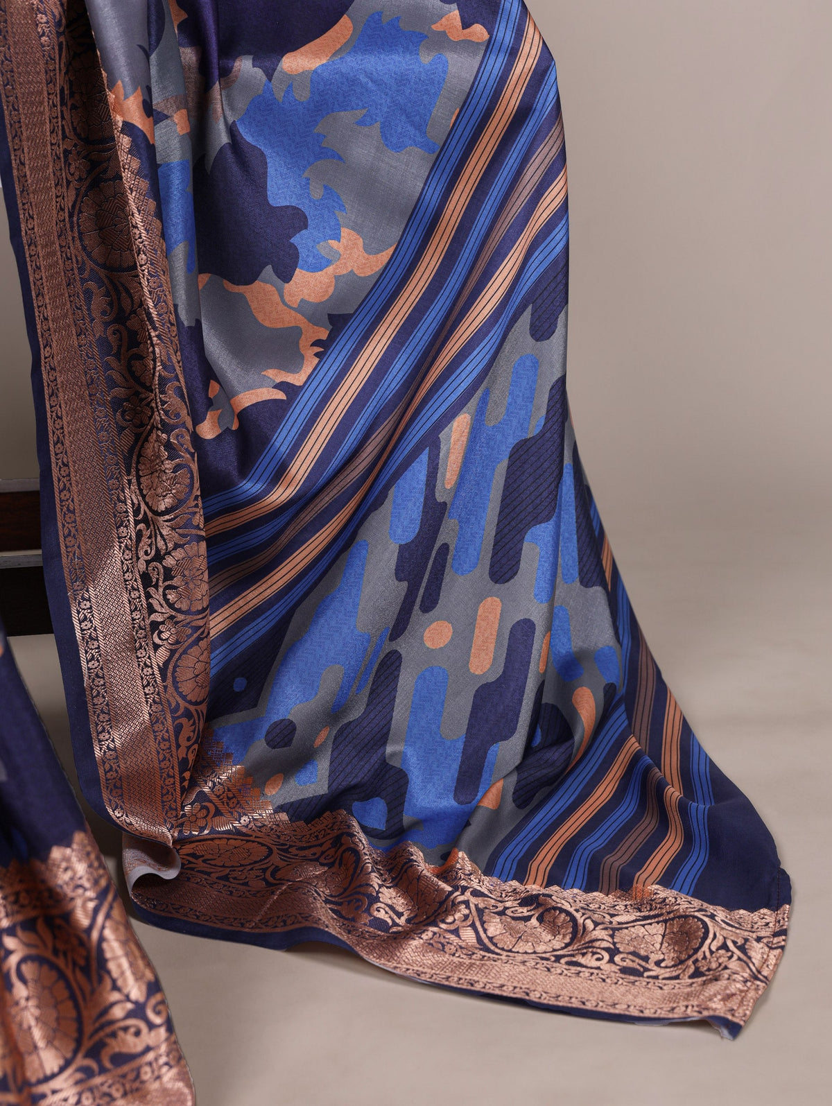 Navy Blue Tasar Silk Printed Saree ClothsVilla
