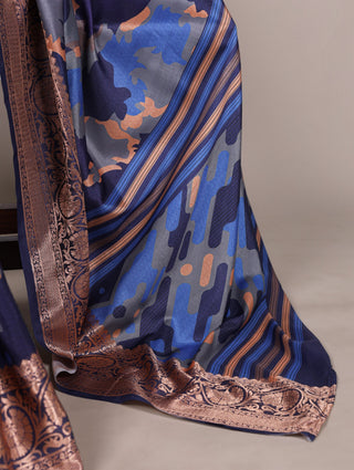 Navy Blue Tasar Silk Printed Saree ClothsVilla