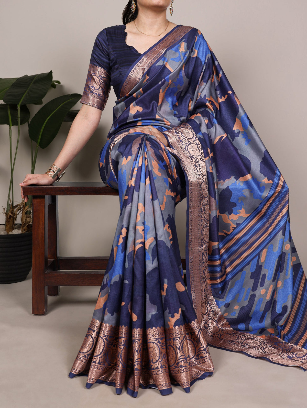 Navy Blue Tasar Silk Printed Saree ClothsVilla
