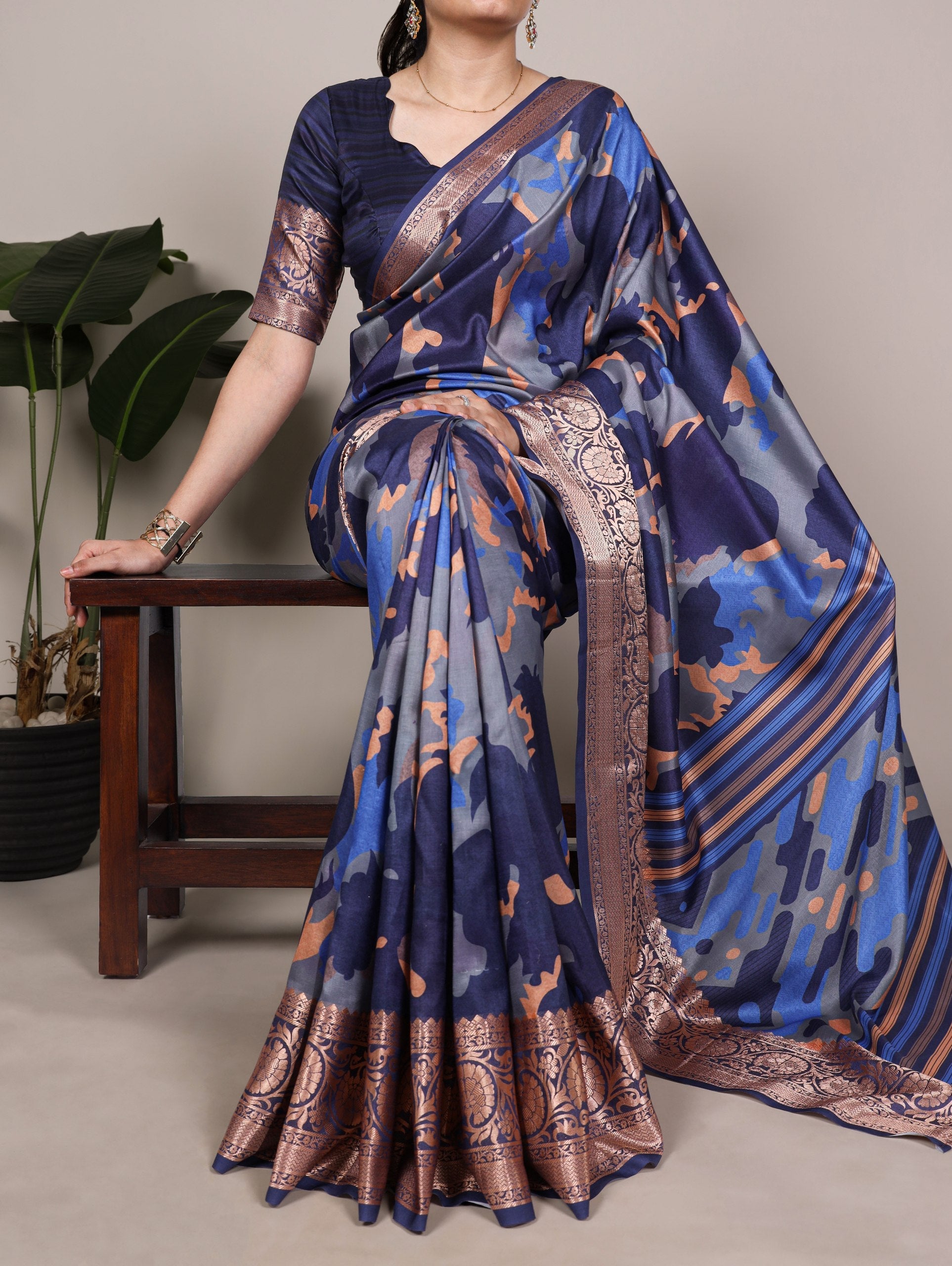 Navy Blue Tasar Silk Printed Saree ClothsVilla Main image