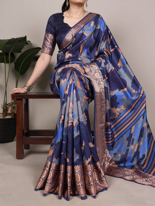 Navy Blue Tasar Silk Printed Saree ClothsVilla