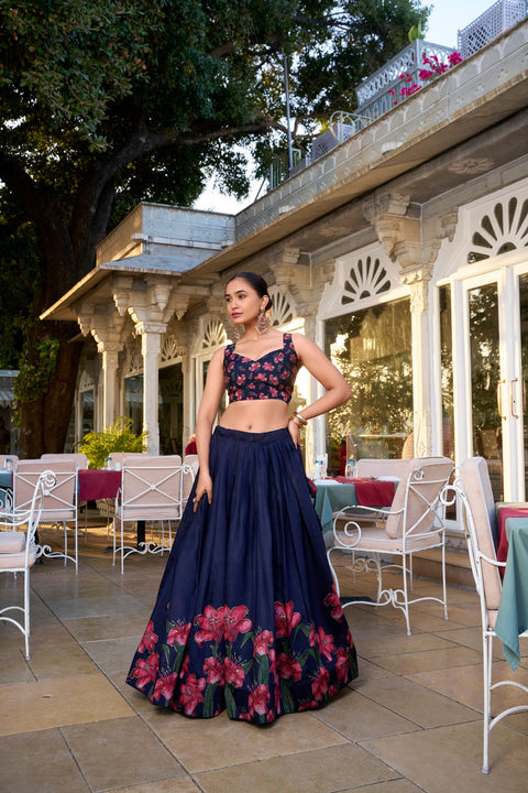 Navy Blue Tussar Silk Floral Printed Lehenga with Foil Work & Tassel-Detailed Dupatta Main image