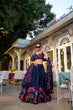 Load image into Gallery viewer, Navy Blue Tussar Silk Floral Printed Lehenga with Foil Work &amp; Tassel-Detailed Dupatta