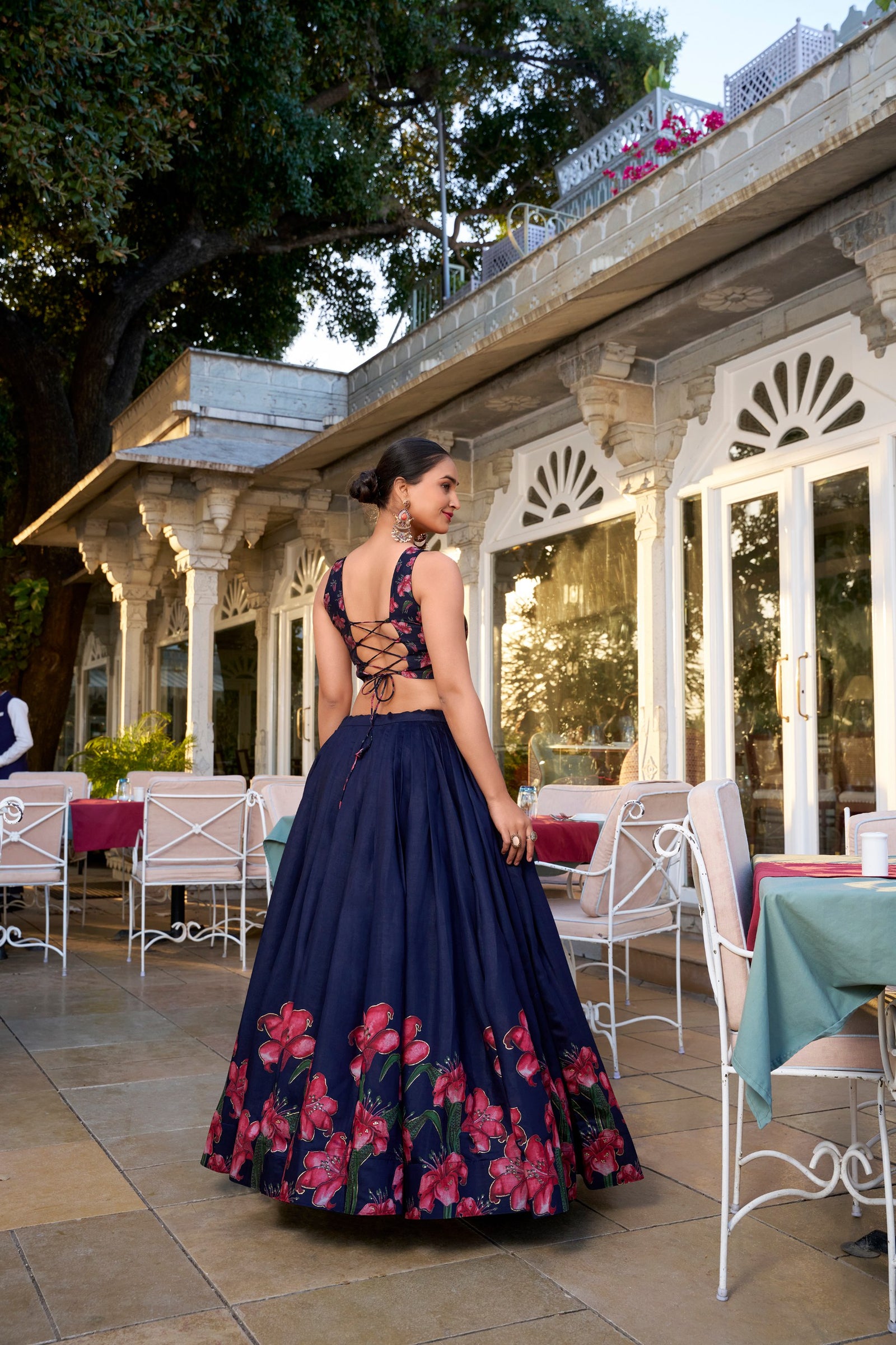 Navy Blue Tussar Silk Floral Printed Lehenga with Foil Work & Tassel-Detailed Dupatta
