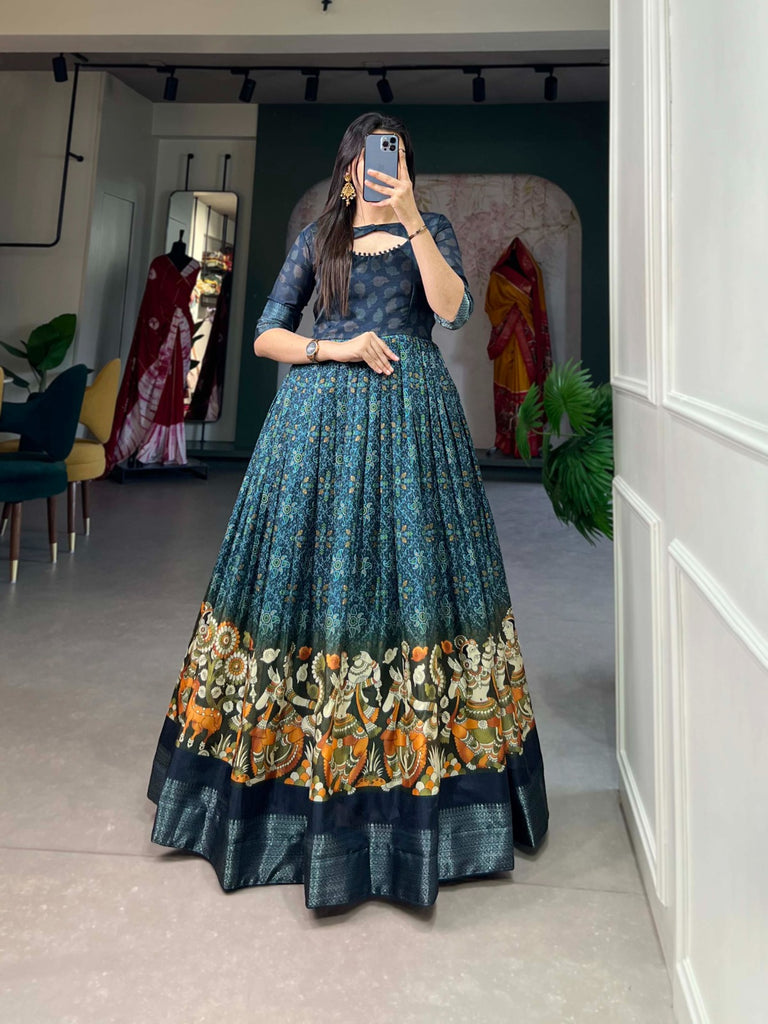 Navy Blue Tussar Silk Printed Gown with Woven Border ClothsVilla