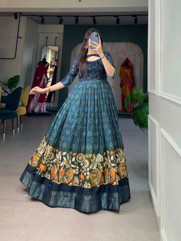 Navy Blue Tussar Silk Printed Gown with Woven Border ClothsVilla