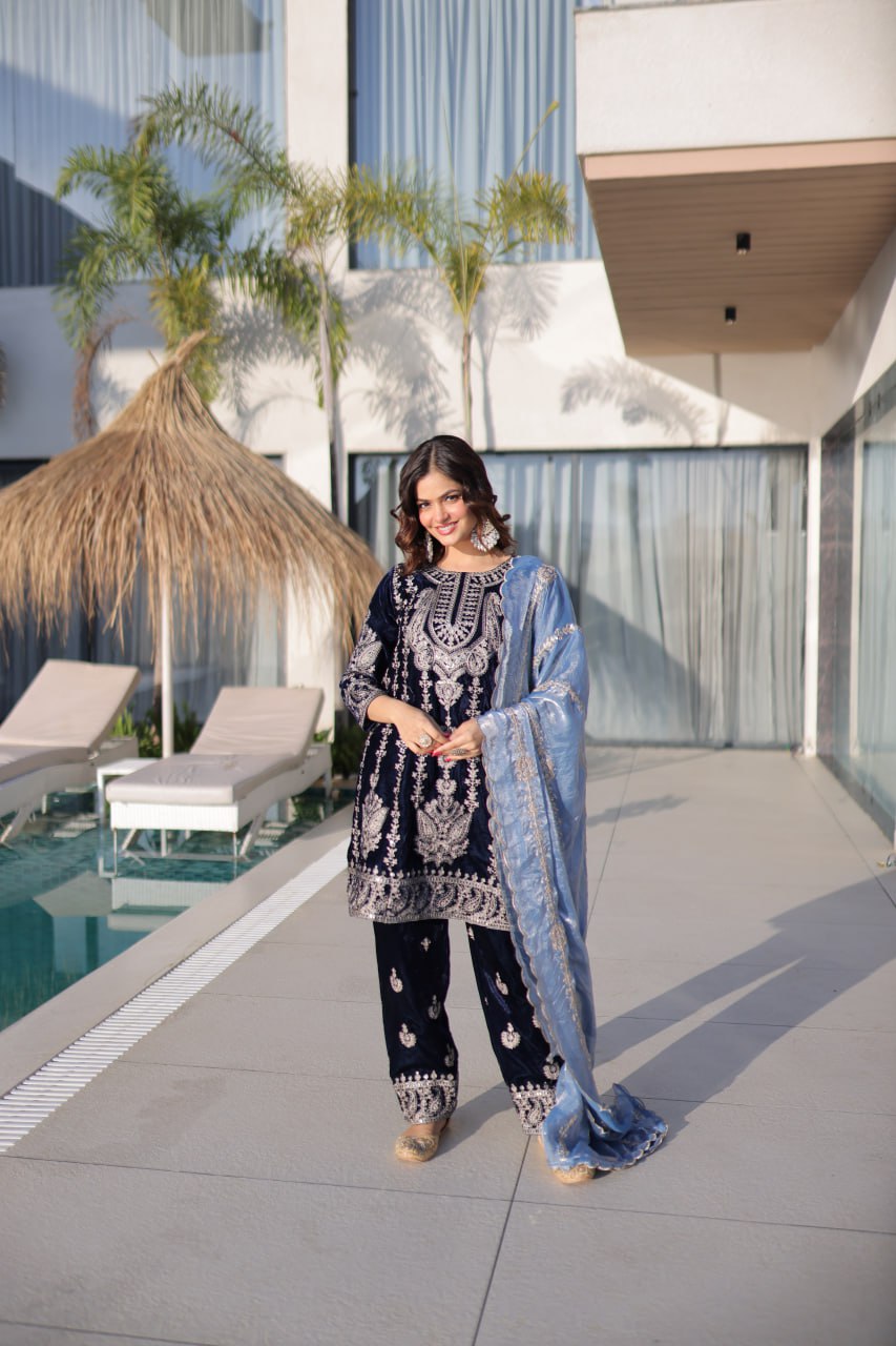 Navy Blue Velvet Zari Embroidered Top Pant Set with Sequins Dupatta ClothsVilla