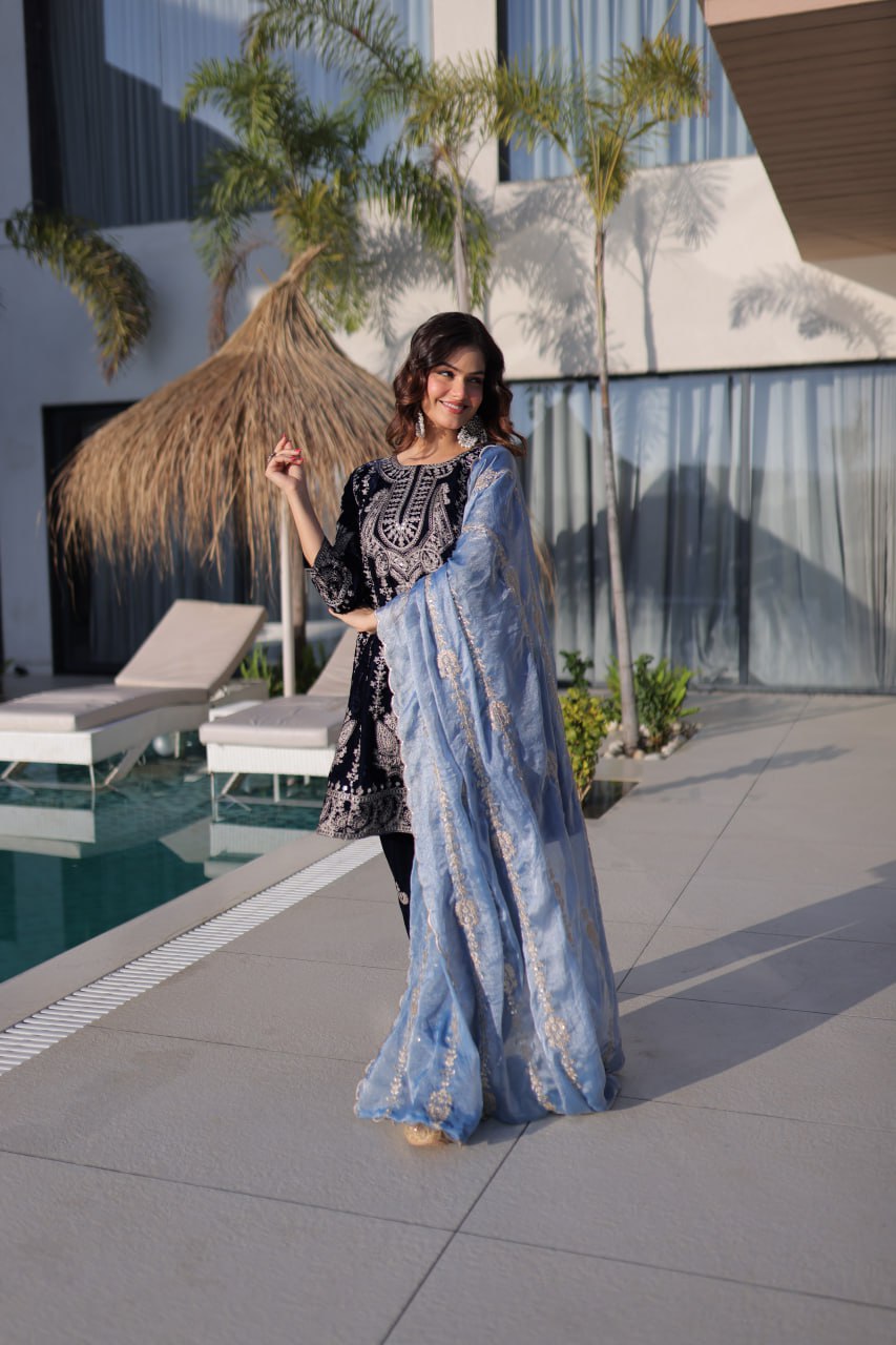 Navy Blue Velvet Zari Embroidered Top Pant Set with Sequins Dupatta ClothsVilla