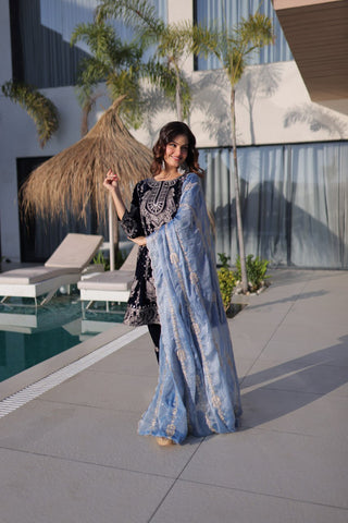 Navy Blue Velvet Zari Embroidered Top Pant Set with Sequins Dupatta ClothsVilla