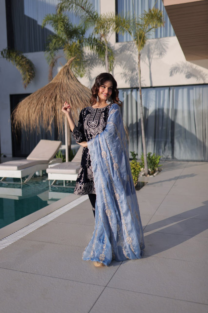 Navy Blue Velvet Zari Embroidered Top Pant Set with Sequins Dupatta ClothsVilla
